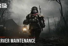 Armored STALZONE soldier carrying a lantern through a foggy landscape beneath Server Maintenance text