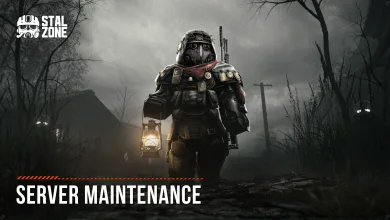 Armored STALZONE soldier carrying a lantern through a foggy landscape beneath Server Maintenance text