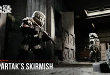 Two STALCRAFT: X armored fighters stand inside an industrial facility during Spartak's Skirmish.