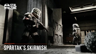Two STALCRAFT: X armored fighters stand inside an industrial facility during Spartak's Skirmish.
