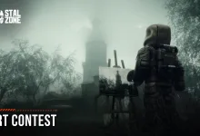 A hooded STALCRAFT: X figure stands before a misty industrial landscape with the STALZONE art contest title