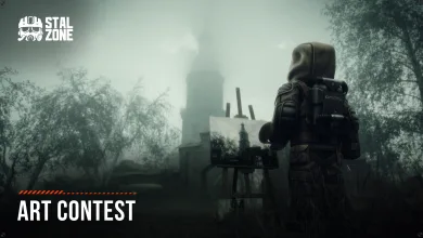 A hooded STALCRAFT: X figure stands before a misty industrial landscape with the STALZONE art contest title