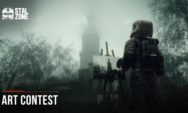 A hooded STALCRAFT: X figure stands before a misty industrial landscape with the STALZONE art contest title