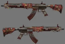 Two views of a STALCRAFT: X rifle concept wrapped with red cloth, cords, and charms
