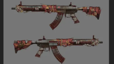 Two views of a STALCRAFT: X rifle concept wrapped with red cloth, cords, and charms