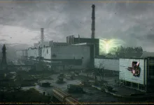 An industrial facility and surrounding wasteland in the Zone from S.T.A.L.K.E.R. 2: Heart of Chornobyl