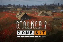 S.T.A.L.K.E.R. 2 Zone Kit Phase 2 graphic over an aerial view of buildings and white lines across a red field