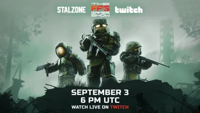 STALZONE promotional artwork showing three armed, armored characters with FPS Games Show and Twitch branding and a September 3 broadcast time of 6 PM UTC