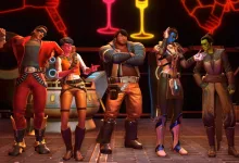 Five Star Wars: The Old Republic characters pose in varied outfits beneath colorful neon lights.