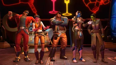 Five Star Wars: The Old Republic characters pose in varied outfits beneath colorful neon lights.