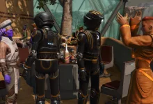 Characters gather around a banquet table during Star Wars: The Old Republic's Feast of Prosperity event.