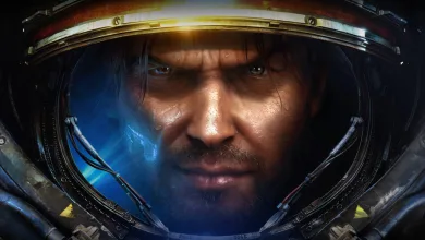 Close-up portrait of a Terran marine in StarCraft 2: Wings of Liberty armor