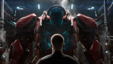 A young soldier seen from behind faces a towering red armored mech in a futuristic hangar.
