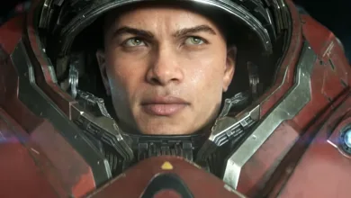 A man in a red mech suit shown in the StarCraft 2030 open-world shooter trailer.