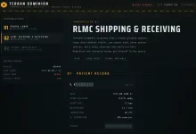 StarCraft Transmission 02 interface showing an RLMC Shipping and Receiving page with a patient record beginning S. K.