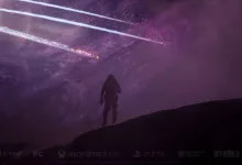 A silhouetted Starship Troopers: Extermination soldier stands on a ridge beneath a purple sky crossed by bright streaks of light.