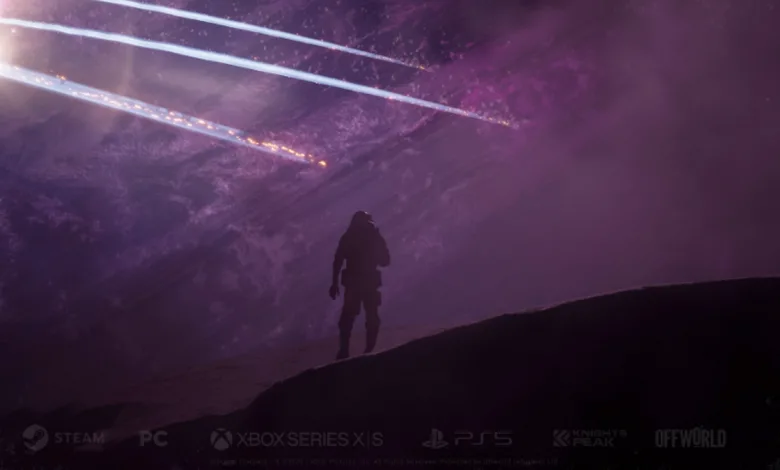 A silhouetted Starship Troopers: Extermination soldier stands on a ridge beneath a purple sky crossed by bright streaks of light.