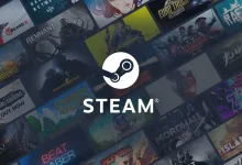 Steam logo centered over a collage of video game covers.