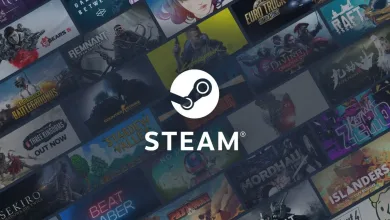 Steam logo centered over a collage of video game covers.