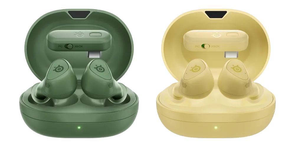 SteelSeries Arctis GameBuds in green and yellow charging cases