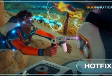 Subnautica 2 players use equipment underwater beside a large creature during the Buddy System Hotfix
