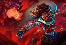 A female character from Suri: The Seventh Note moves through a red fantasy environment with a large creature behind her.
