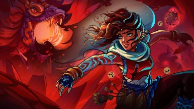 A female character from Suri: The Seventh Note moves through a red fantasy environment with a large creature behind her.