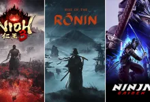 Three-panel artwork for Team NINJA's Samurai and Ninja Collection showing Nioh 3, Rise of the Ronin, and Ninja Gaiden 4.