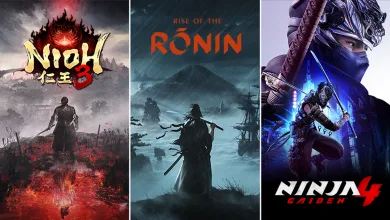 Three-panel artwork for Team NINJA's Samurai and Ninja Collection showing Nioh 3, Rise of the Ronin, and Ninja Gaiden 4.