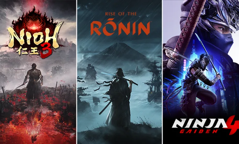 Three-panel artwork for Team NINJA's Samurai and Ninja Collection showing Nioh 3, Rise of the Ronin, and Ninja Gaiden 4.