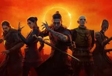 Five characters from The Blood of Dawnwalker stand together against a glowing orange sky