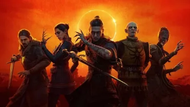 Five characters from The Blood of Dawnwalker stand together against a glowing orange sky