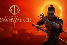 The Blood of Dawnwalker protagonist raises a hand beside a sword beneath an orange eclipse