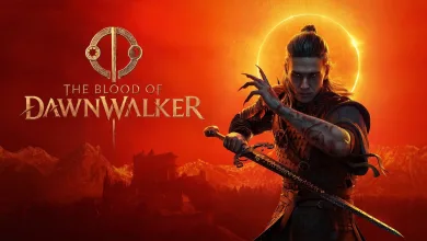 The Blood of Dawnwalker protagonist raises a hand beside a sword beneath an orange eclipse