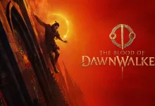 A figure descends a towering structure beneath a glowing sun in The Blood of Dawnwalker artwork