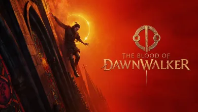 A figure descends a towering structure beneath a glowing sun in The Blood of Dawnwalker artwork