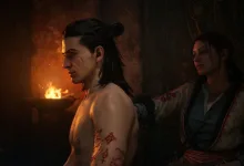 The Blood of Dawnwalker protagonist stands with a companion in a dim firelit room