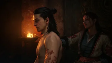 The Blood of Dawnwalker protagonist stands with a companion in a dim firelit room
