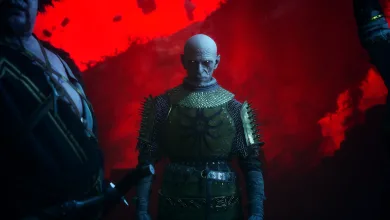 A bald vampire stands in dark armor against a vivid red sky in The Blood of Dawnwalker