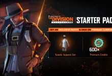 A suited The Division: Resurgence agent stands beside a Starter Pack graphic showing the Tuxedo Apparel Set and 600 Premium Credits.