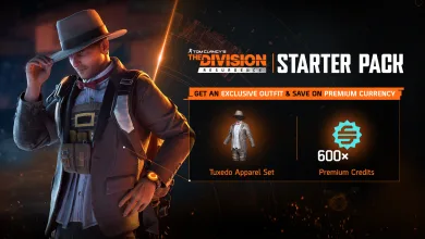 A suited The Division: Resurgence agent stands beside a Starter Pack graphic showing the Tuxedo Apparel Set and 600 Premium Credits.