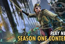 An armored adventurer grips ship rigging above a tropical shoreline in The Elder Scrolls Online.