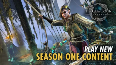 An armored adventurer grips ship rigging above a tropical shoreline in The Elder Scrolls Online.
