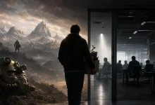 A Skyrim-inspired mountain landscape with armored figures appears beside silhouetted workers in a glass-walled office.