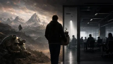 A Skyrim-inspired mountain landscape with armored figures appears beside silhouetted workers in a glass-walled office.