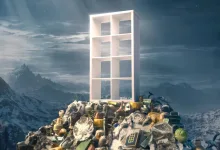 A white cubby shelf stands on a pile of loot against a snowy mountain landscape in The Elder Scrolls V: Skyrim.