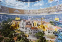 An aerial view of a colorful urban arena beneath the glass roof of a packed THE FINALS stadium.