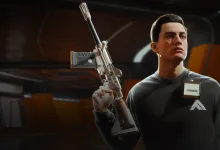 A THE FINALS character wearing a black COMETA sweater holds a rifle inside a dark industrial room.