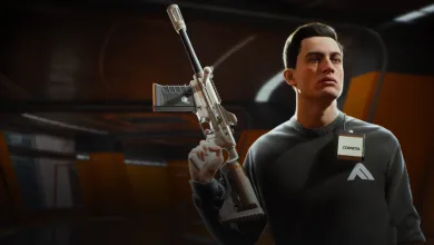 A THE FINALS character wearing a black COMETA sweater holds a rifle inside a dark industrial room.