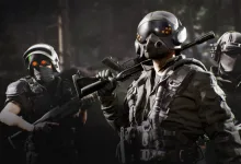 Three masked THE FINALS contestants in tactical armor holding rifles